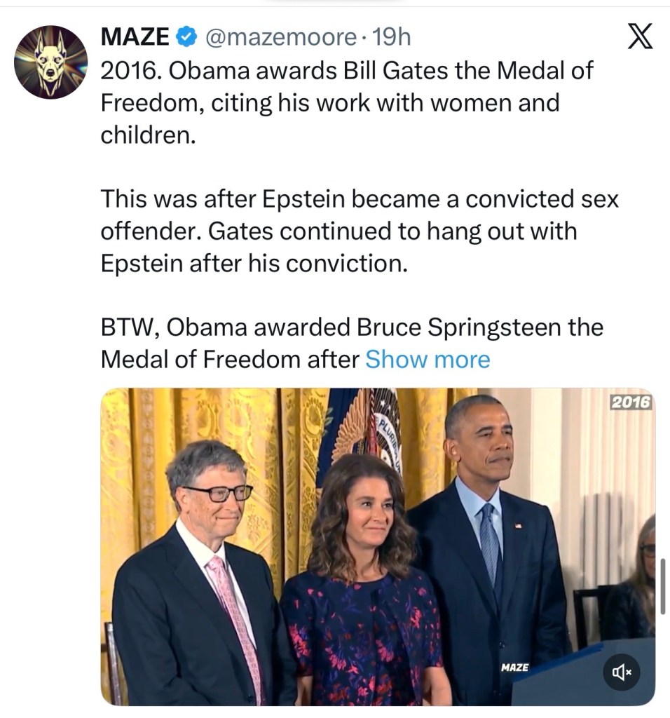 Obama awards Bill Gates the Medal of Freedom, citing his work with women and&nbsp;children.