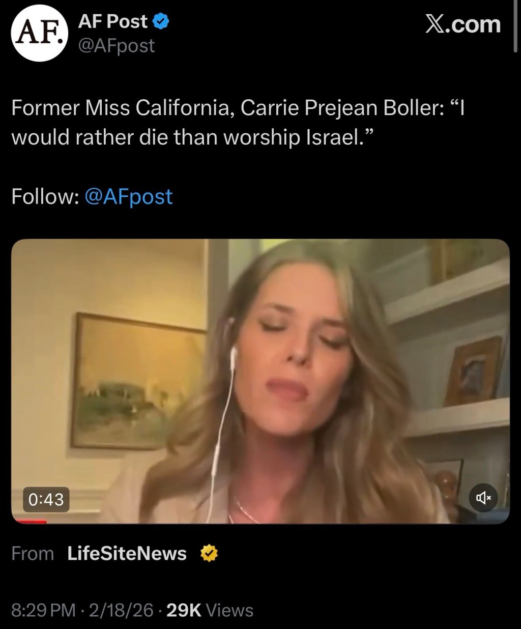 Former Miss California, Carrie Prejean Boller: “I would rather die than worship&nbsp;Israel.”