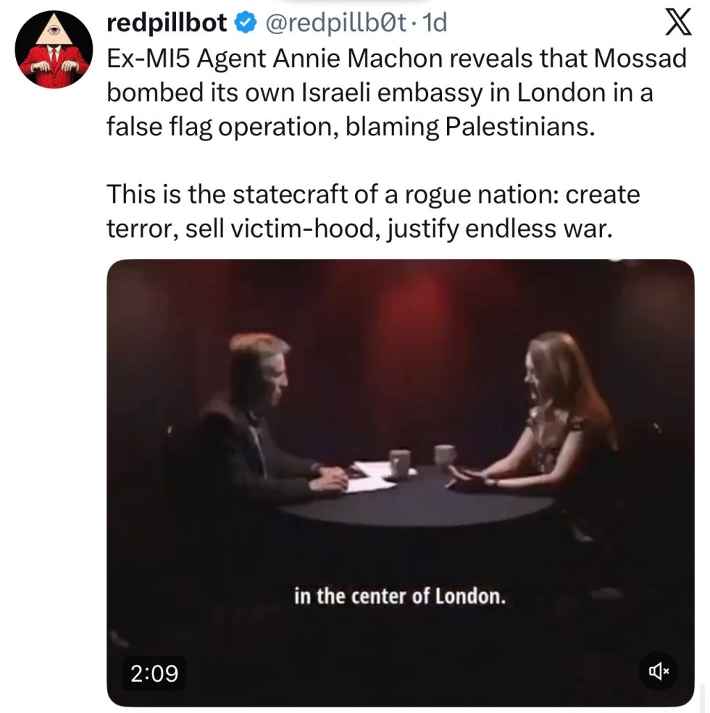 Ex-MI5 Agent Annie Machon reveals that Mossad bombed its own Israeli embassy in London in a false flag operation, blaming&nbsp;Palestinians.