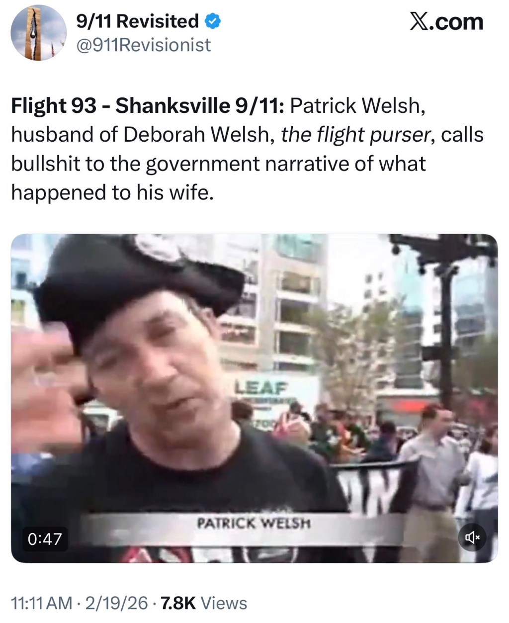 Flight 93 – Shanksville 9/11: Patrick Welsh, husband of Deborah Welsh, the flight purser, calls bullshit to the government narrative of what happened to his&nbsp;wife.