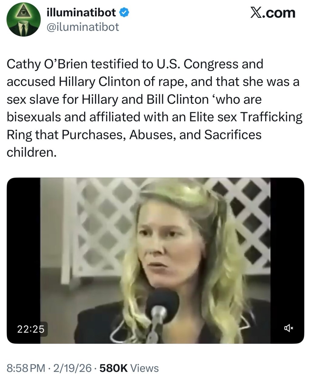 Cathy O’Brien testified to U.S. Congress and accused the Clintons of&nbsp;rape.