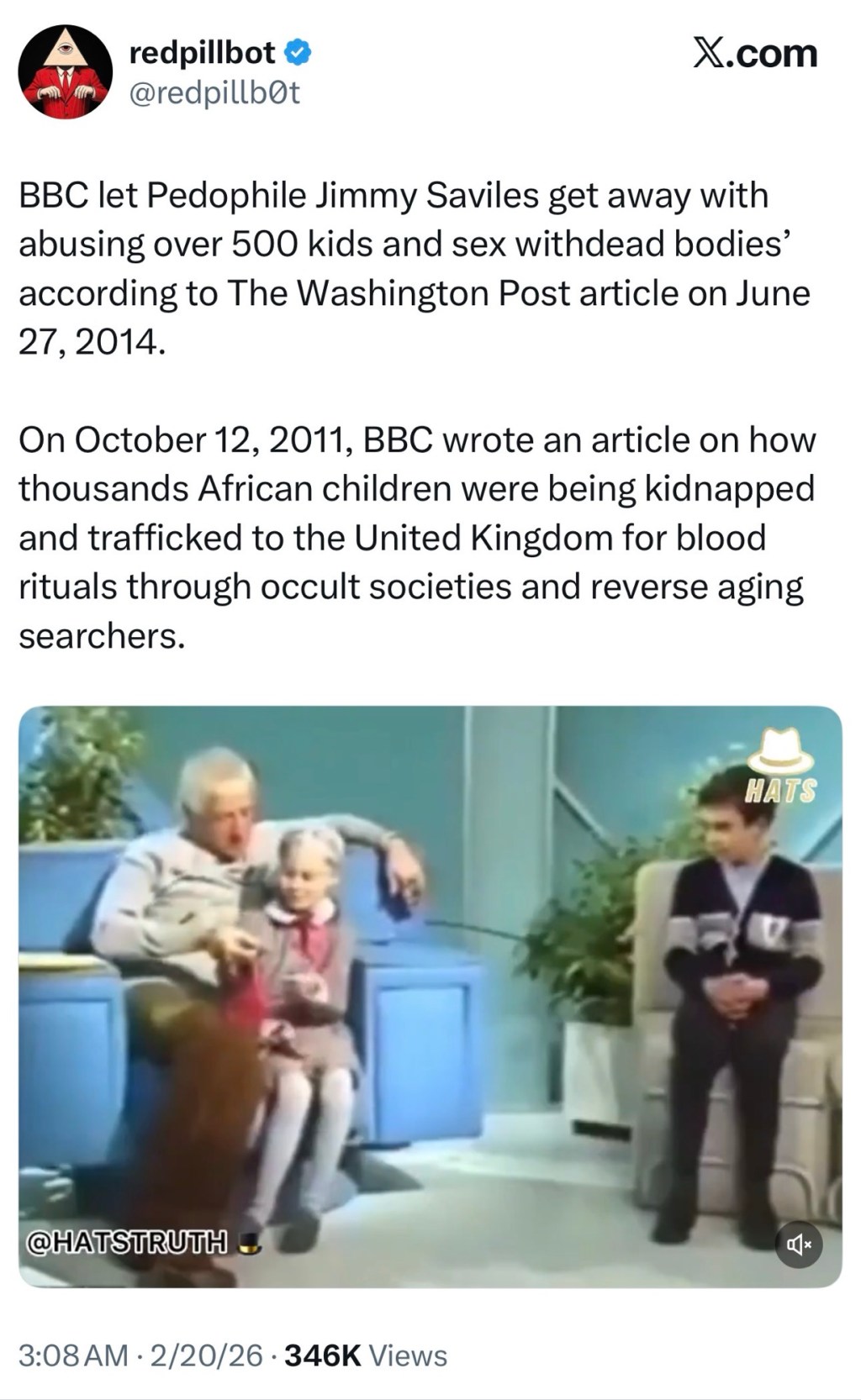 BBC let Pedophile Jimmy Saviles get away with abusing over 500 kids and sex withdead bodies’ according to The Washington Post article on June 27,&nbsp;2014.