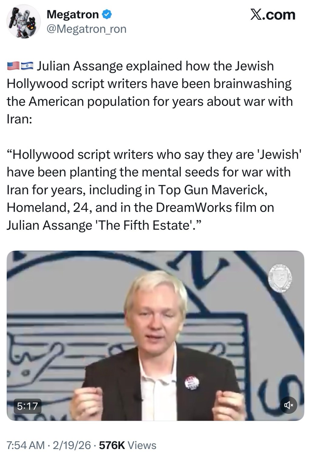Julian Assange explained how the Jewish Hollywood script writers have been brainwashing the American population for years about war with&nbsp;Iran: