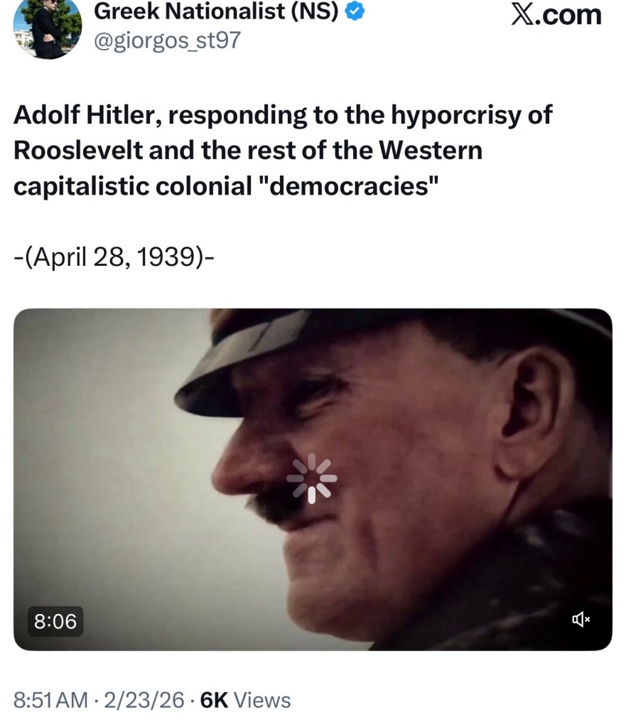 Adolf Hitler, responding to the hyporcrisy of Rooslevelt and the rest of the Western capitalistic colonial “democracies”