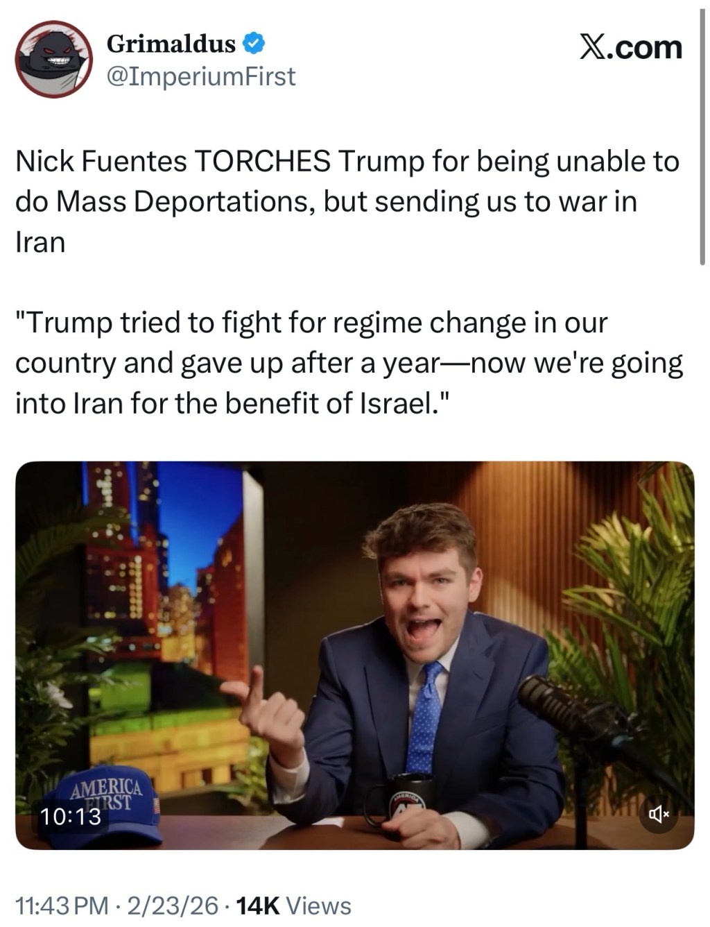 Nick Fuentes TORCHES Trump for being unable to do Mass Deportations, but sending us to war in&nbsp;Iran