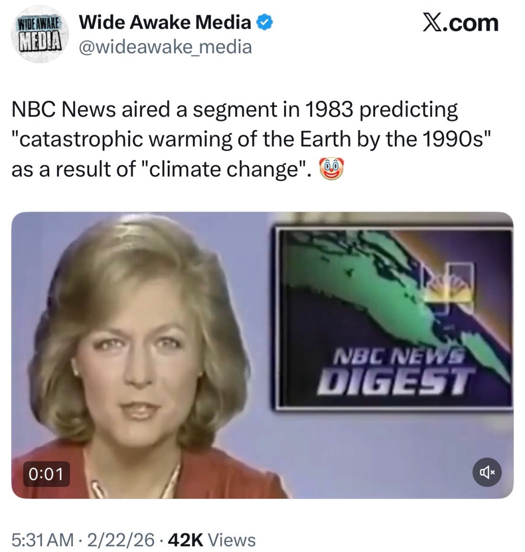 NBC News aired a segment in 1983 predicting “catastrophic warming of the Earth by the 1990s” as a result of “climate&nbsp;change”.