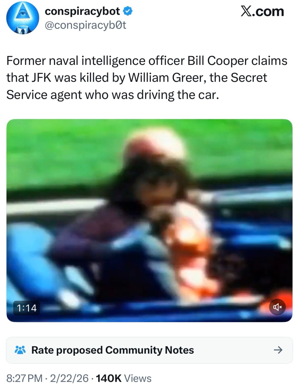 Former naval intelligence officer Bill Cooper claims that JFK was killed by William Greer, the Secret Service agent who was driving the&nbsp;car.