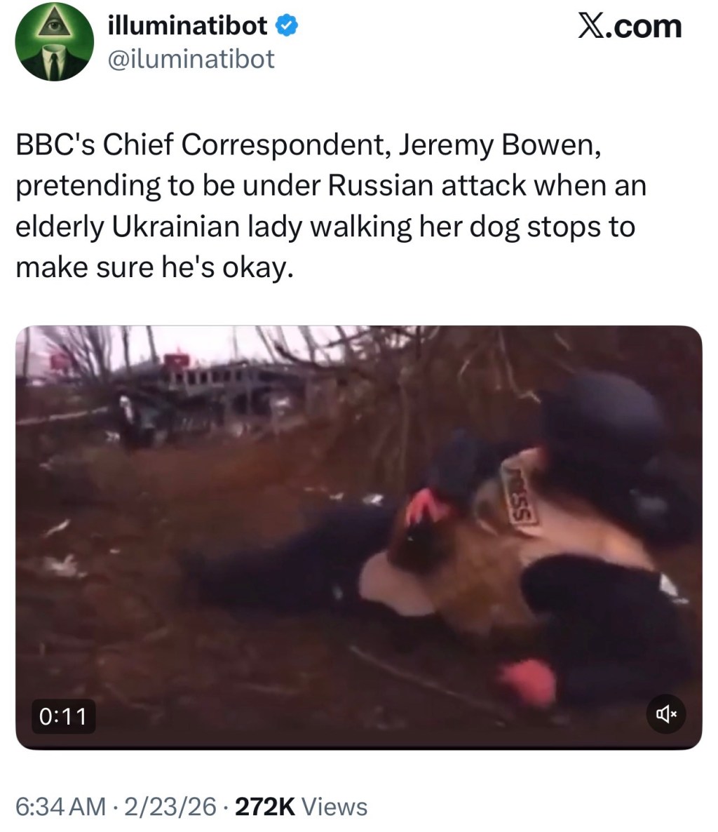 BBC’s Chief Correspondent, Jeremy Bowen, pretending to be under Russian attack when an elderly Ukrainian lady walking her dog stops to make sure he’s&nbsp;okay.