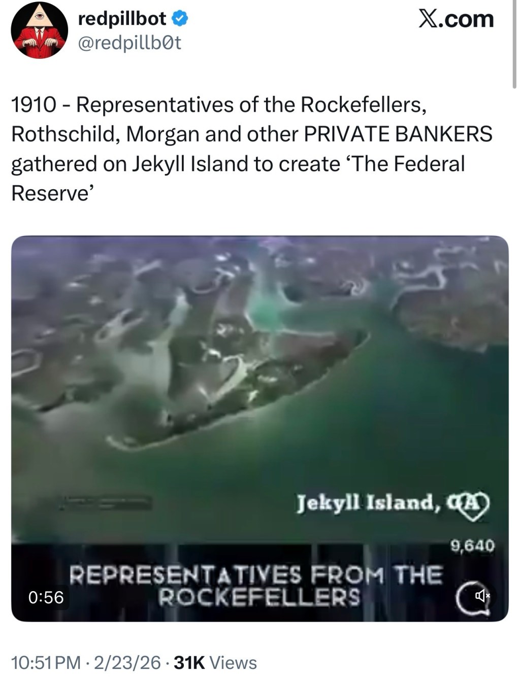 1910 – Representatives of the Rockefellers, Rothschild, Morgan and other PRIVATE BANKERS gathered on Jekyll Island to create ‘The Federal&nbsp;Reserve’