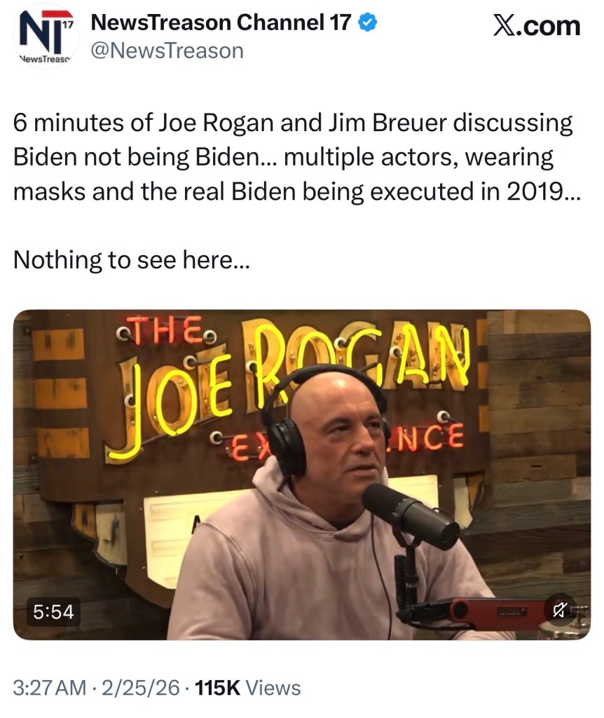 6 minutes of Joe Rogan and Jim Breuer discussing Biden not being Biden… multiple actors, wearing masks and the real Biden being executed in&nbsp;2019…