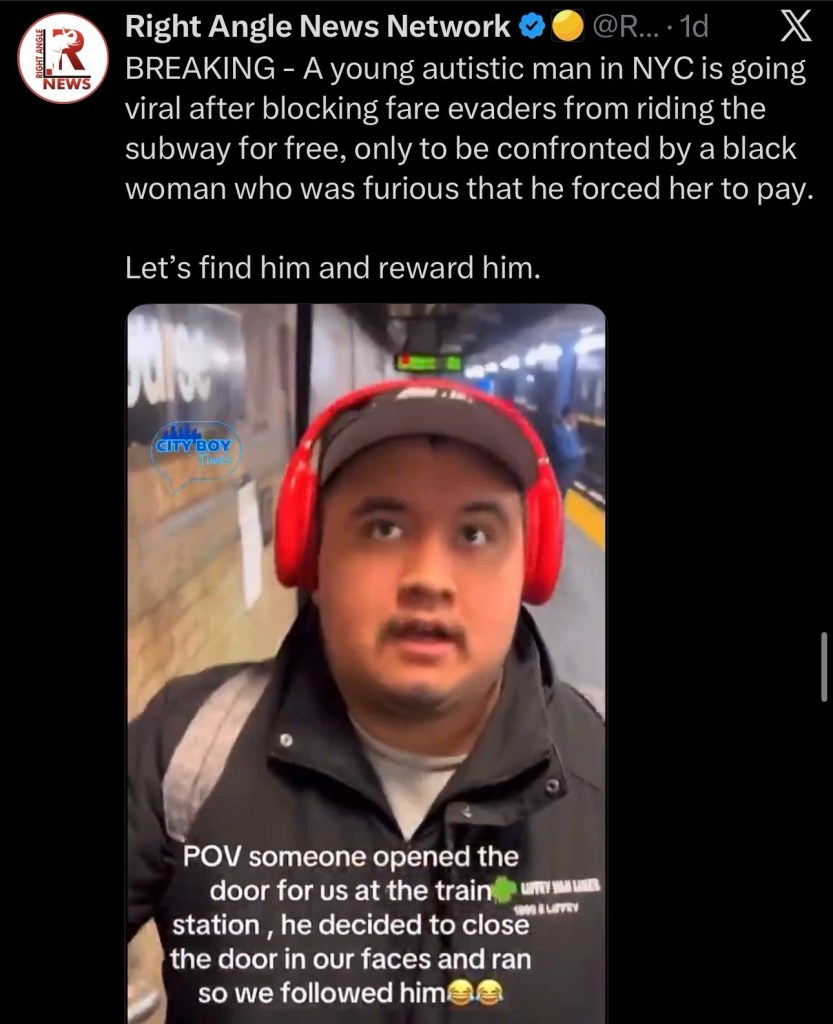 A young autistic man in NYC is going viral after blocking fare evaders from riding the subway for free, only to be confronted by a black woman who was furious that he forced her to&nbsp;pay.