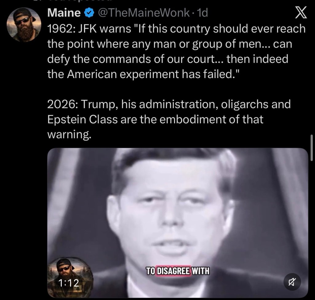 1962: JFK warns “If this country should ever reach the point where any man or group of men… can defy the commands of our court… then indeed the American experiment has&nbsp;failed.”