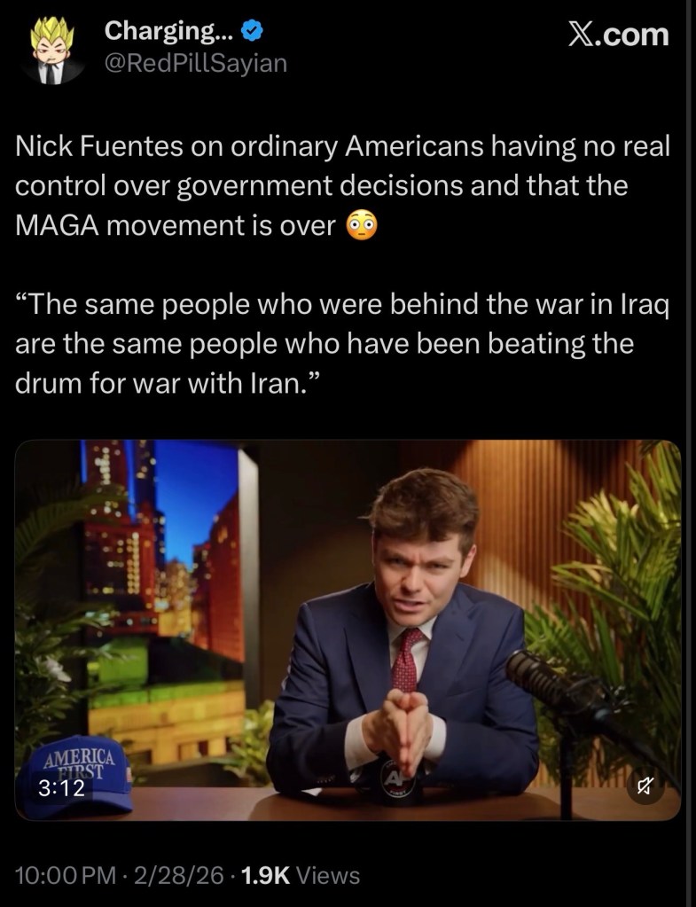 Nick Fuentes on ordinary Americans having no real control over government decisions and that the MAGA movement is over&nbsp;😳
