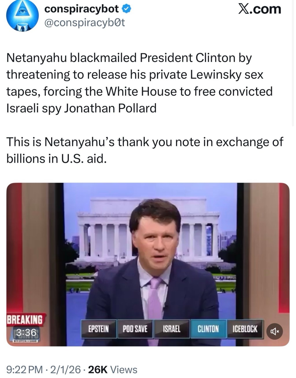 Netanyahu blackmailed President Clinton by threatening to release his private Lewinsky sex tapes, forcing the White House to free convicted Israeli spy Jonathan&nbsp;Pollard