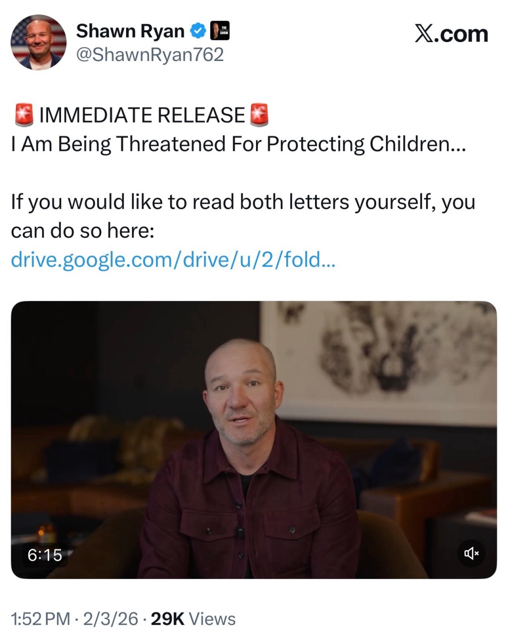 Shawn Ryan says he is being threatened for protecting children following Epstein Files&nbsp;release