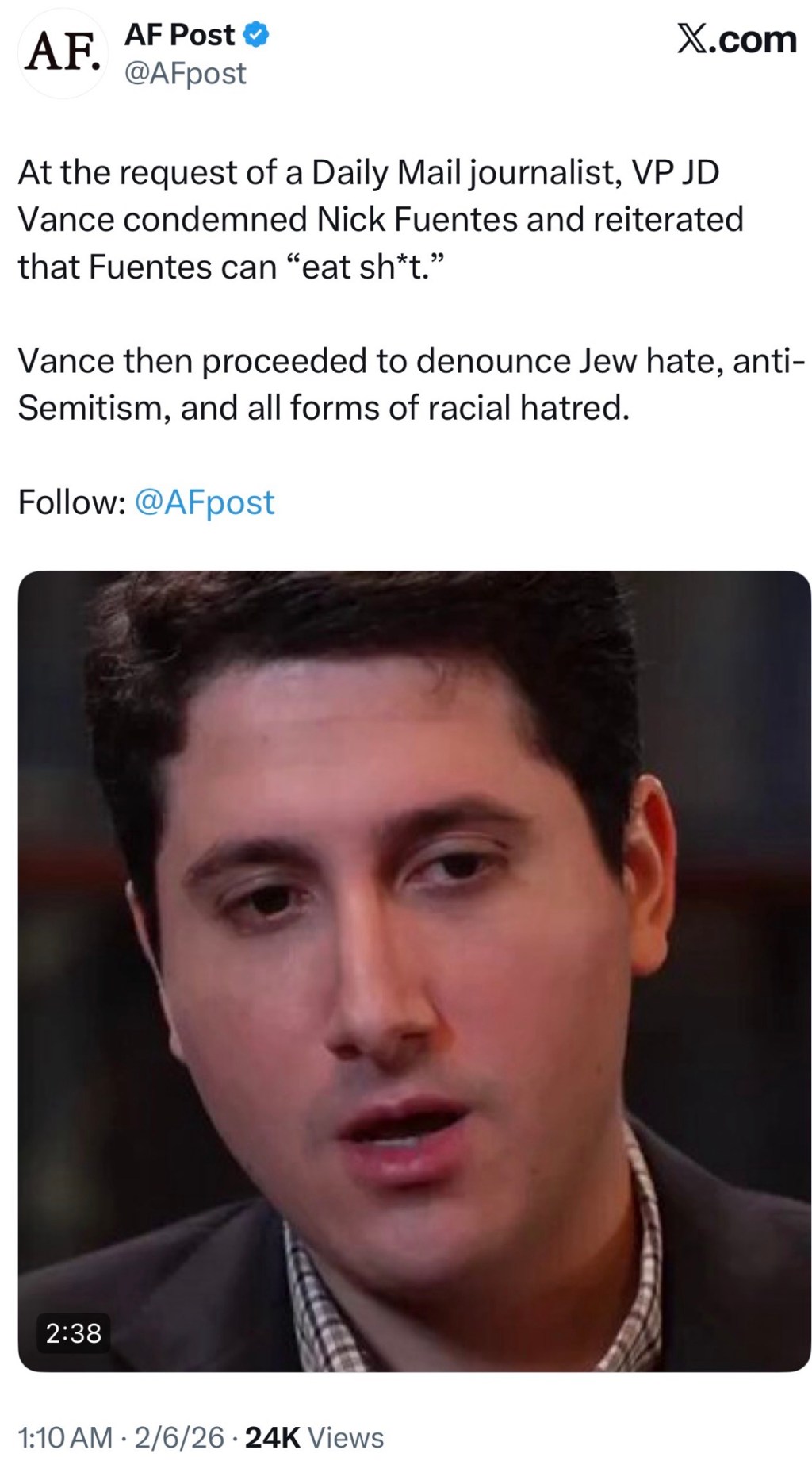 JD Vance Condemns Nick&nbsp;Fuentes