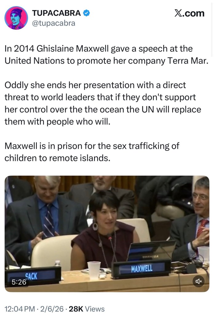 In 2014 Ghislaine Maxwell gave a speech at the United Nations to promote her company Terra&nbsp;Mar