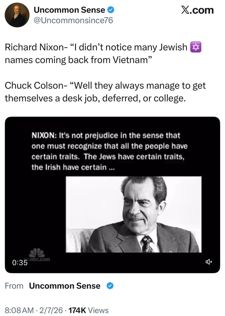 Richard Nixon- “I didn’t notice many Jewish names coming back from&nbsp;Vietnam”