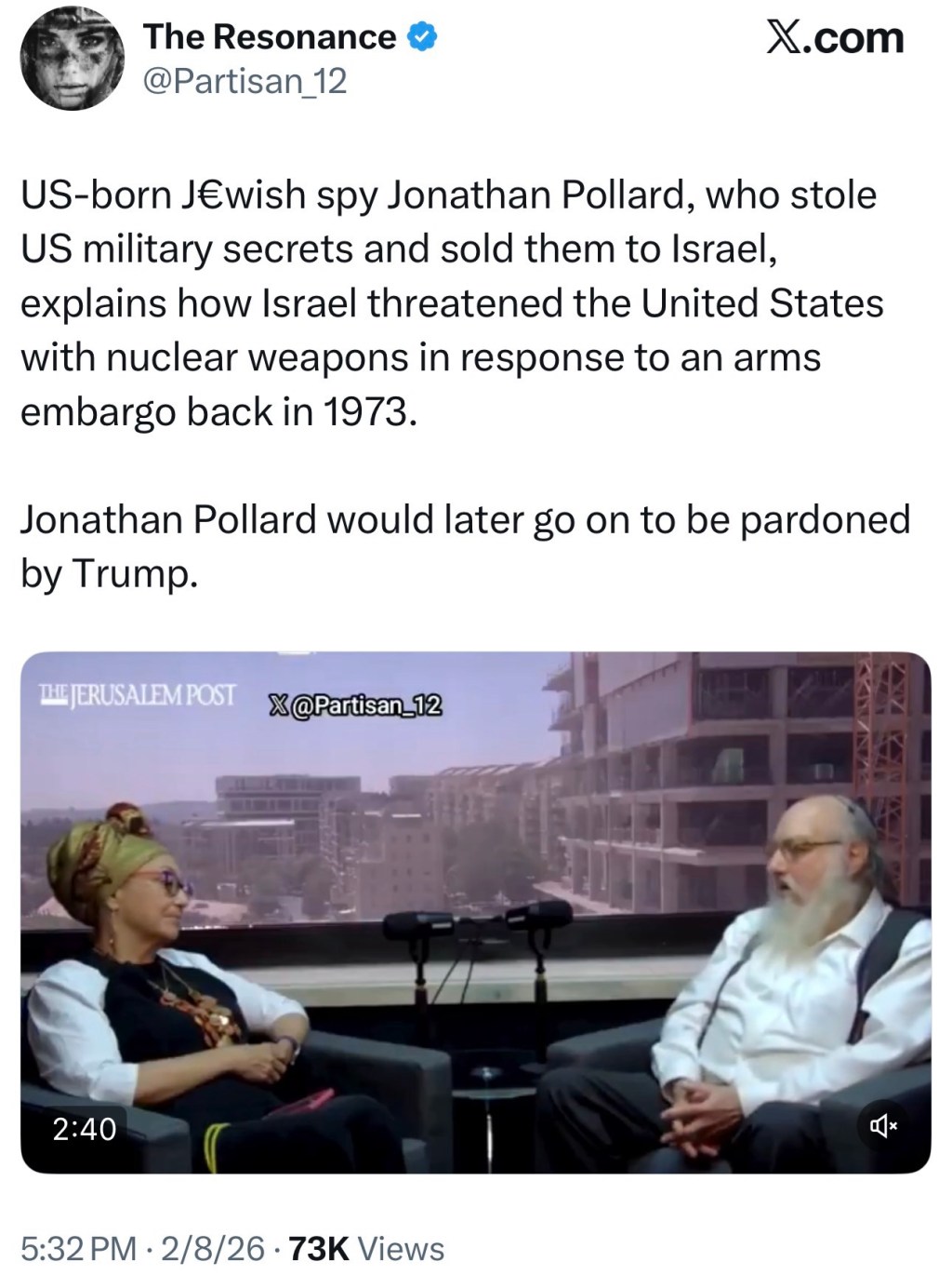 US-born spy Jonathan Pollard, who stole US military secrets and sold them to Israel, explains how Israel threatened the United States with nuclear weapons in response to an arms embargo back in&nbsp;1973.