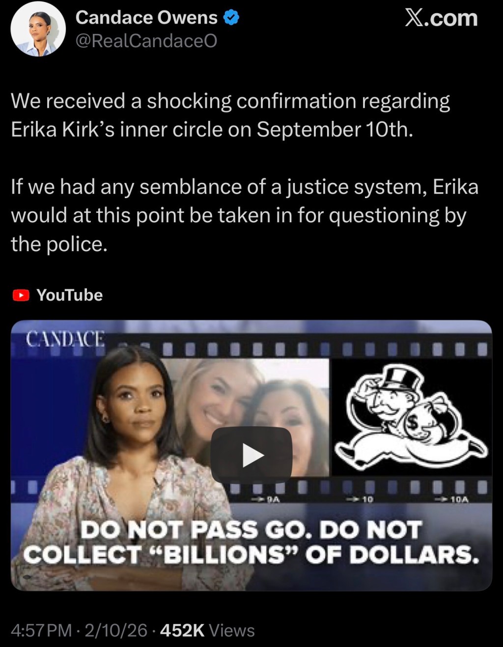 Candace Owens says Erika Kirk should be taken in for&nbsp;questioning