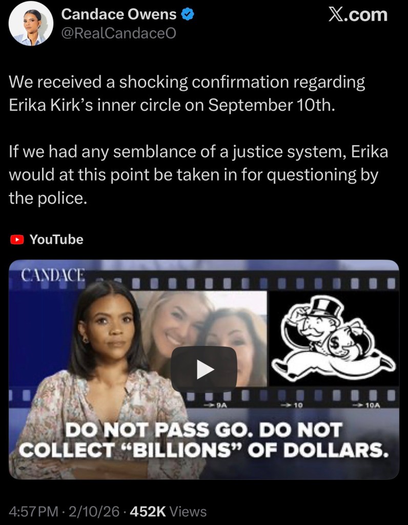 Candace Owens says Erika Kirk should be taken in for&nbsp;questioning