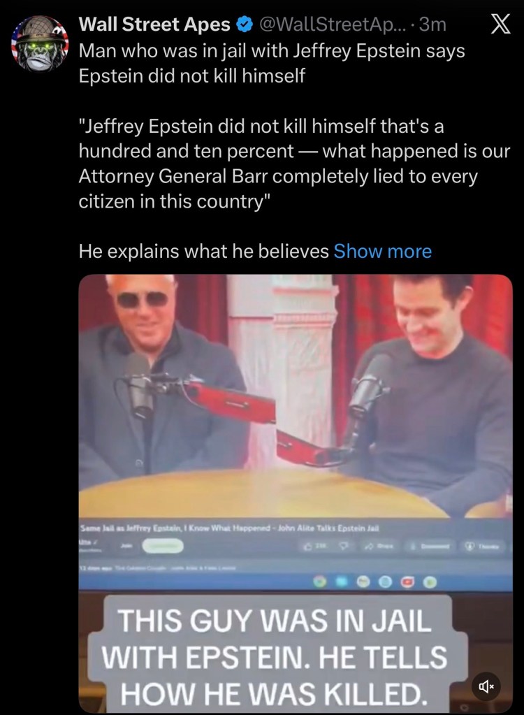 Man who was in jail with Jeffrey Epstein says Epstein did not kill&nbsp;himself