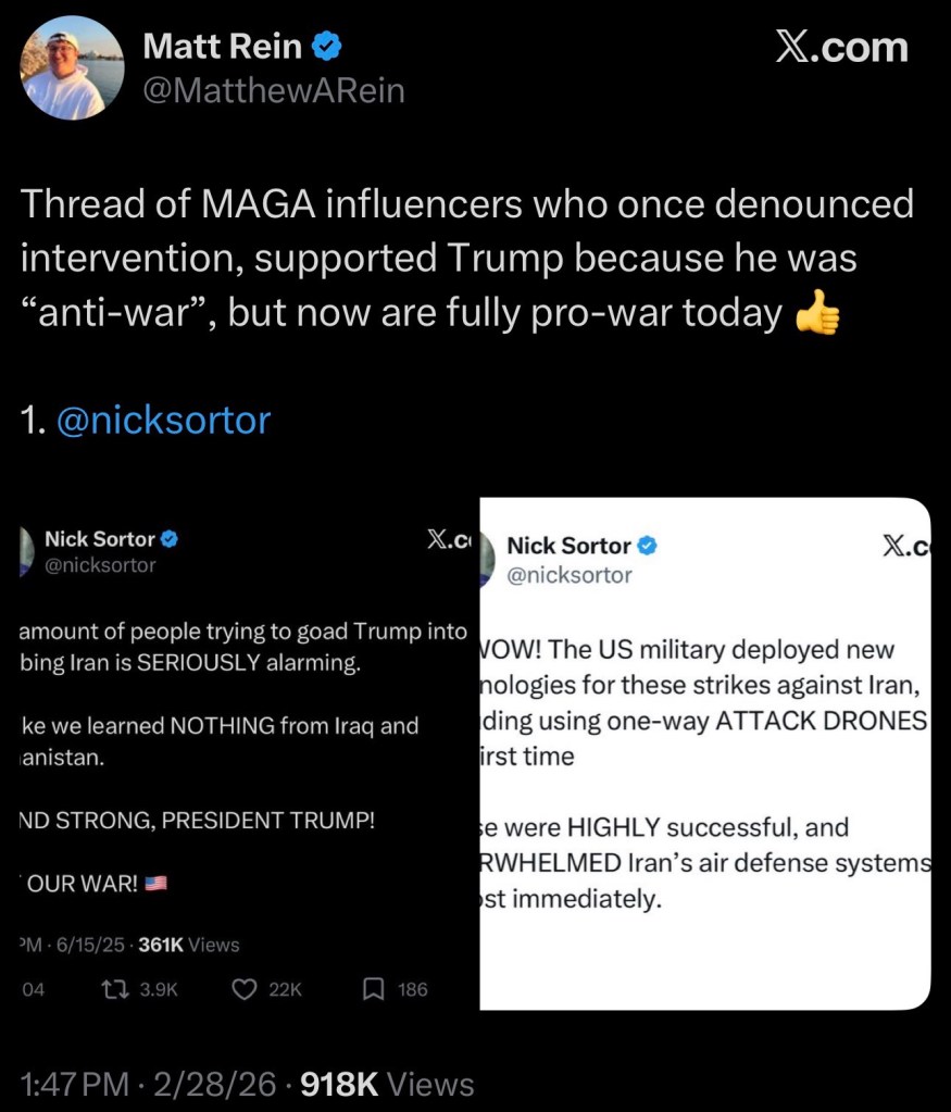 Thread of MAGA influencers who once denounced intervention, supported Trump because he was “anti-war”, but now are fully pro-war today&nbsp;👍