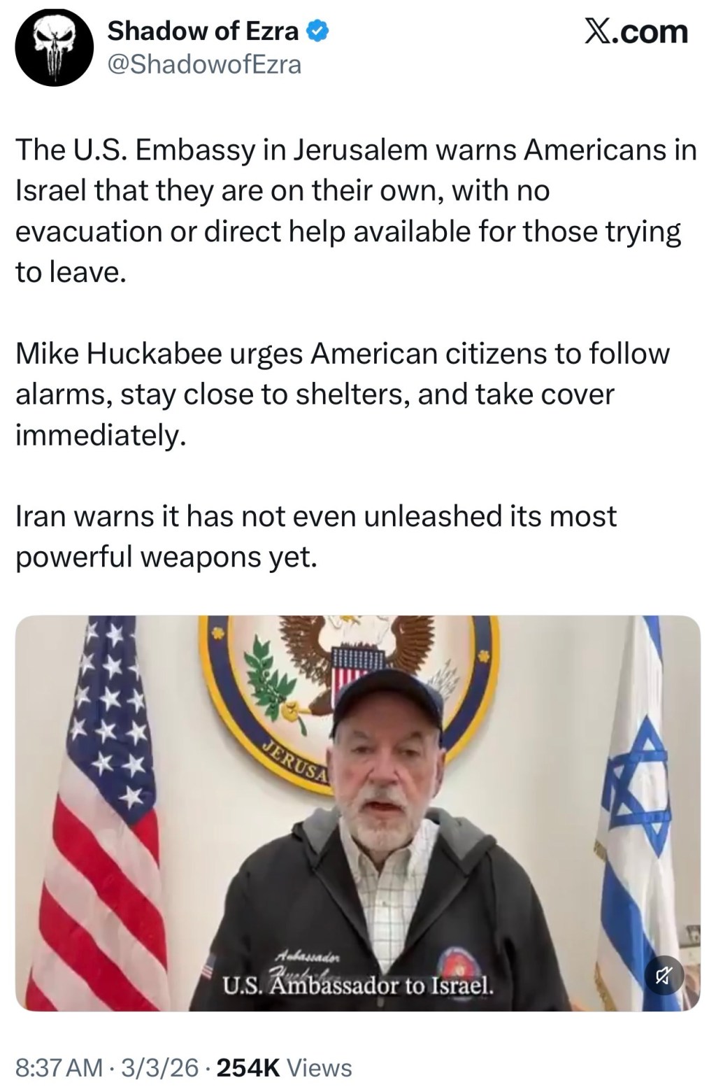 The U.S. Embassy in Jerusalem warns Americans in Israel that they are on their own, with no evacuation or direct help available for those trying to&nbsp;leave.