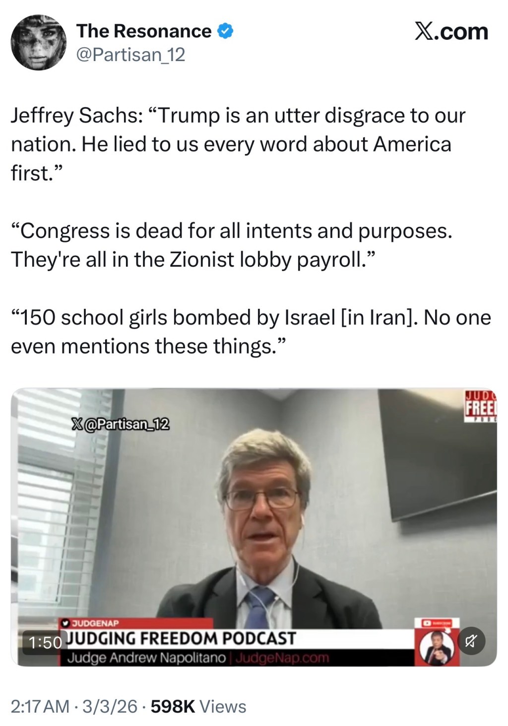 Jeffrey Sachs: “Trump is an utter disgrace to our nation. He lied to us every word about America&nbsp;first.”