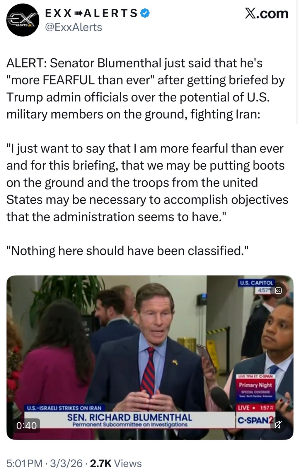 Senator Blumenthal just said that he’s “more FEARFUL than ever” after getting briefed by Trump admin officials over the potential of U.S. military members on the ground, fighting&nbsp;Iran: