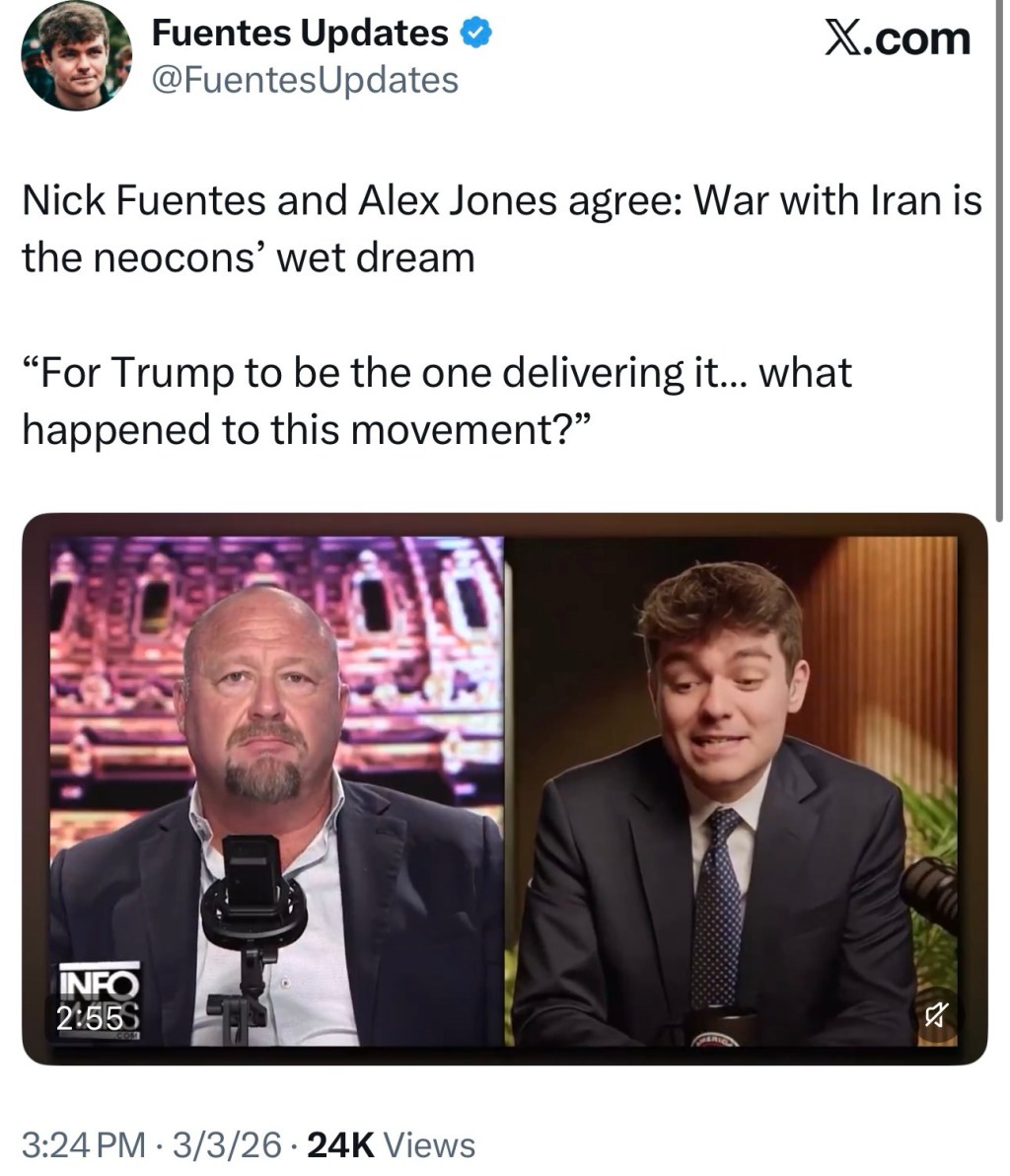 Nick Fuentes and Alex Jones agree: War with Iran is the neocons’ wet&nbsp;dream