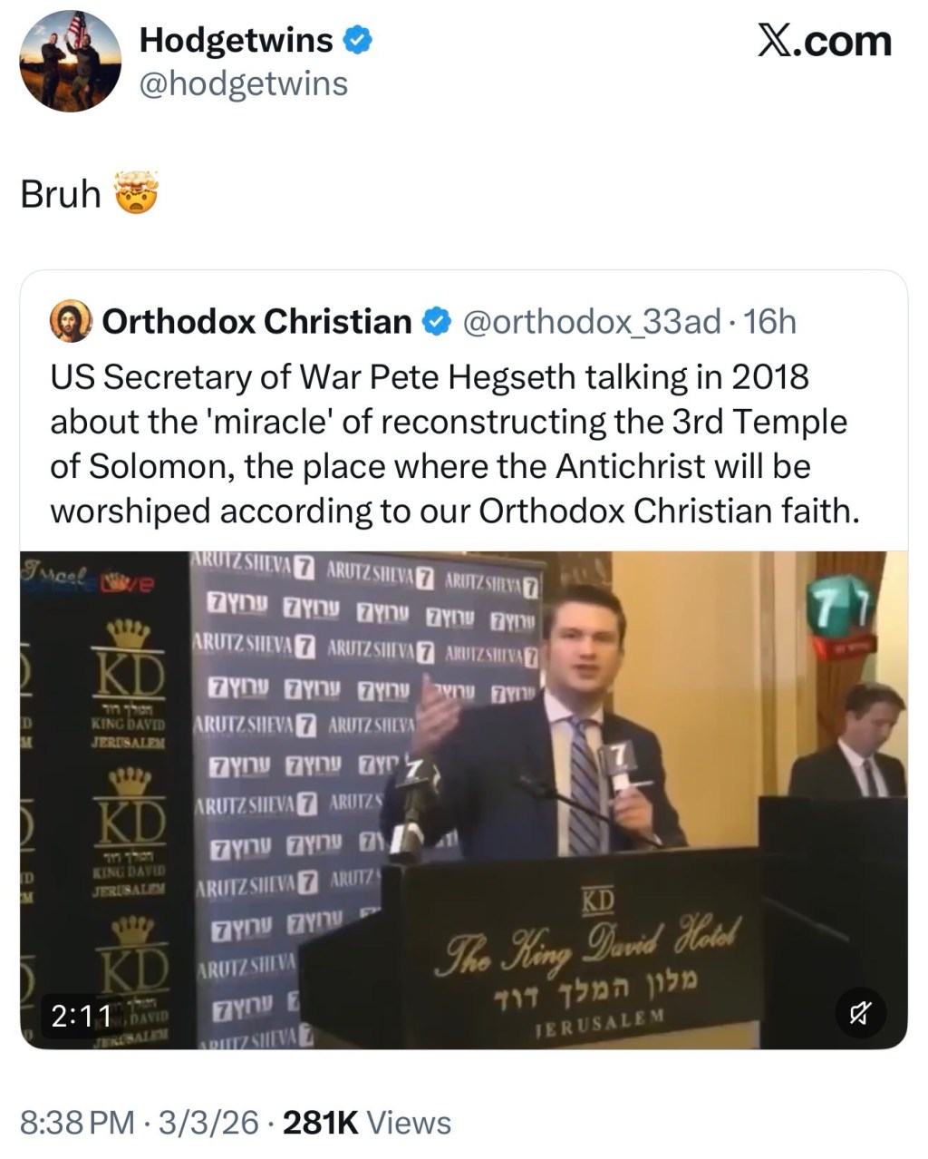 US Secretary of War Pete Hegseth talking in 2018 about the ‘miracle’ of reconstructing the 3rd Temple of Solomon, the place where the Antichrist will be worshiped according to our Orthodox Christian&nbsp;faith.