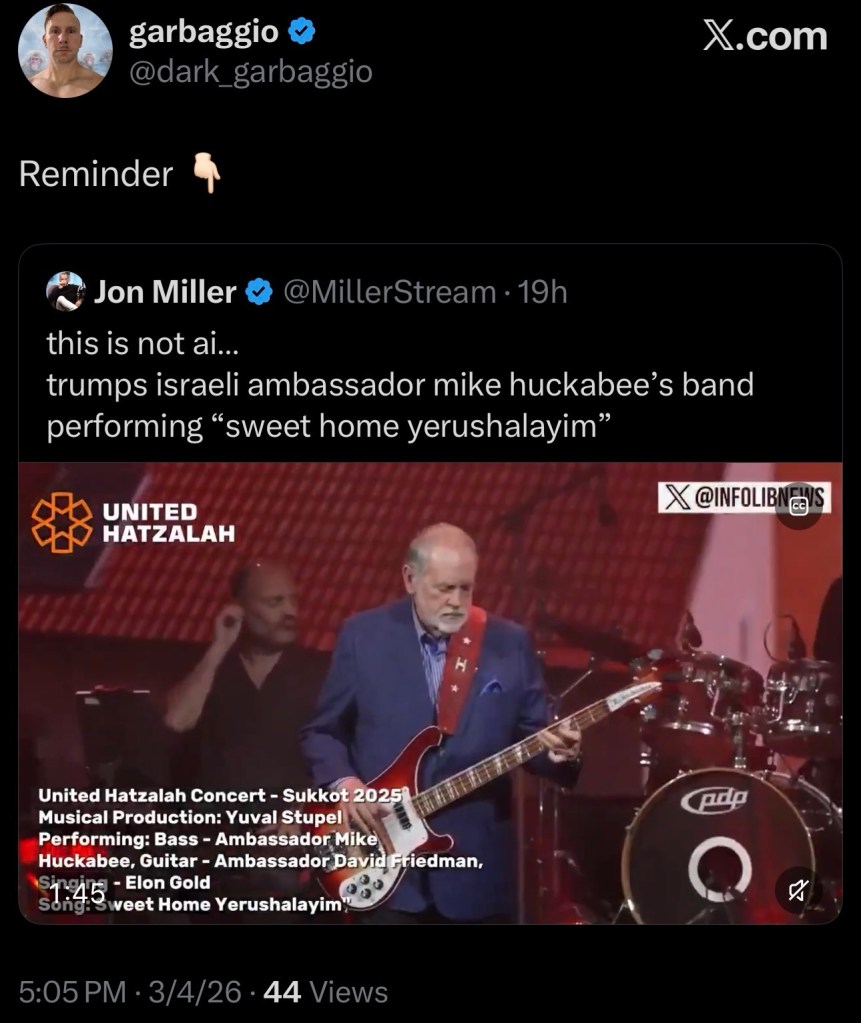 this is not ai…trumps israeli ambassador mike huckabee’s band performing “sweet home&nbsp;yerushalayim”