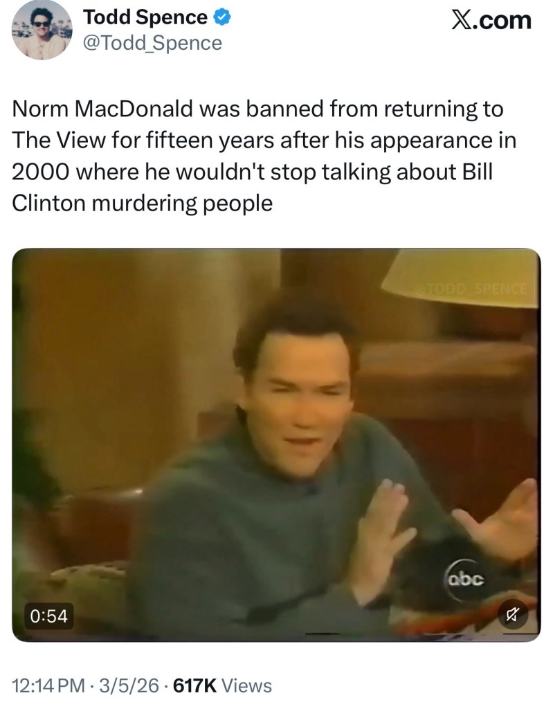 Norm MacDonald was banned from returning to The View for fifteen years after his appearance in 2000 where he wouldn’t stop talking about Bill Clinton murdering&nbsp;people