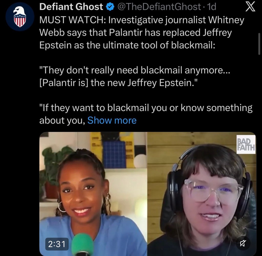 Investigative journalist Whitney Webb says that Palantir has replaced Jeffrey Epstein as the ultimate tool of&nbsp;blackmail: