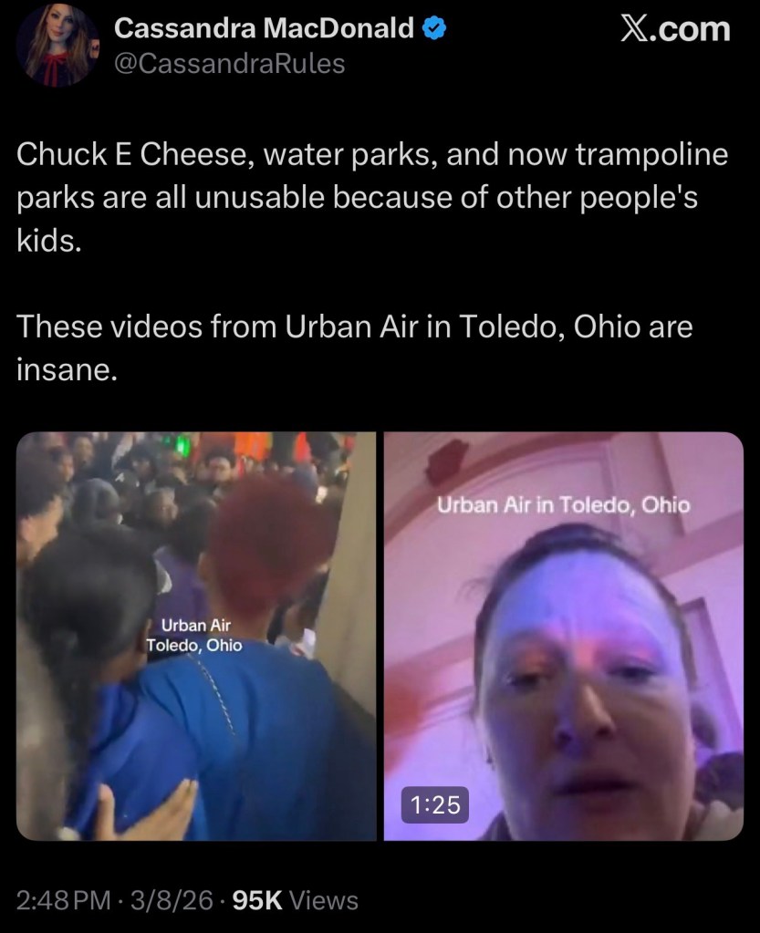 Chuck E Cheese, water parks, and now trampoline parks are all unusable because of other people’s&nbsp;kids.