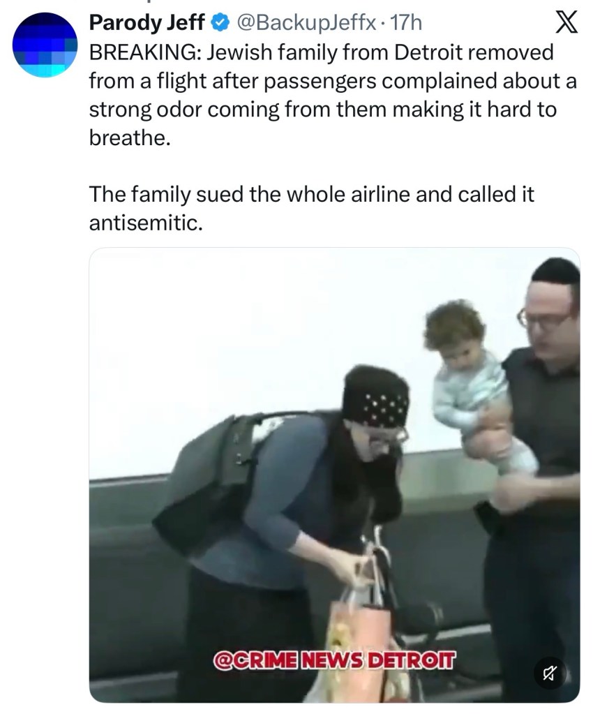 Jewish family from Detroit removed from a flight after passengers complained about a strong odor coming from them making it hard to&nbsp;breathe.