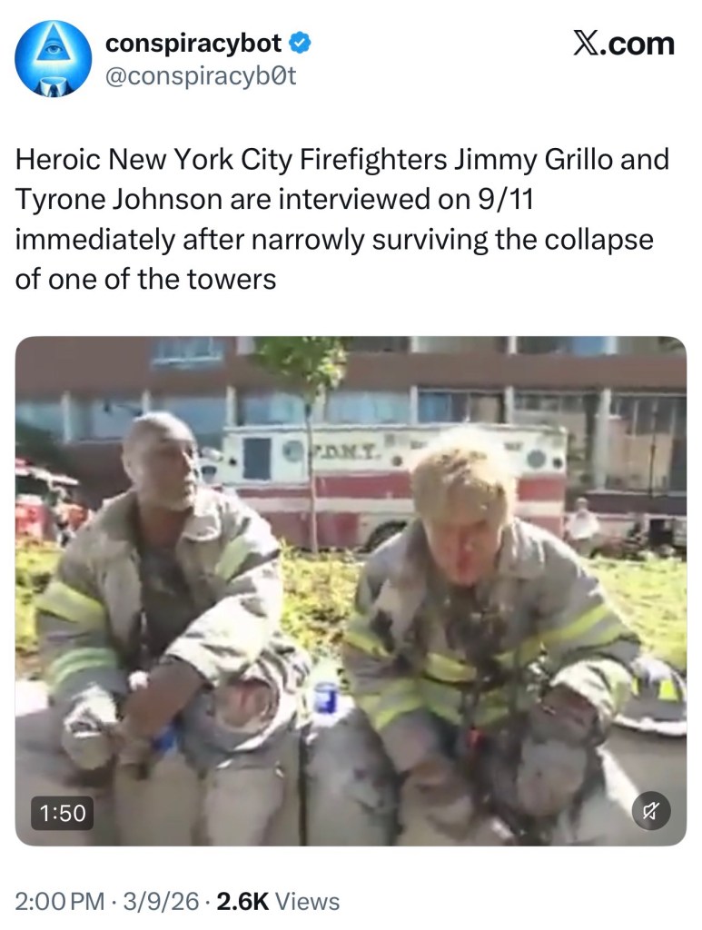 Heroic New York City Firefighters Jimmy Grillo and Tyrone Johnson are interviewed on 9/11 immediately after narrowly surviving the collapse of one of the&nbsp;towers