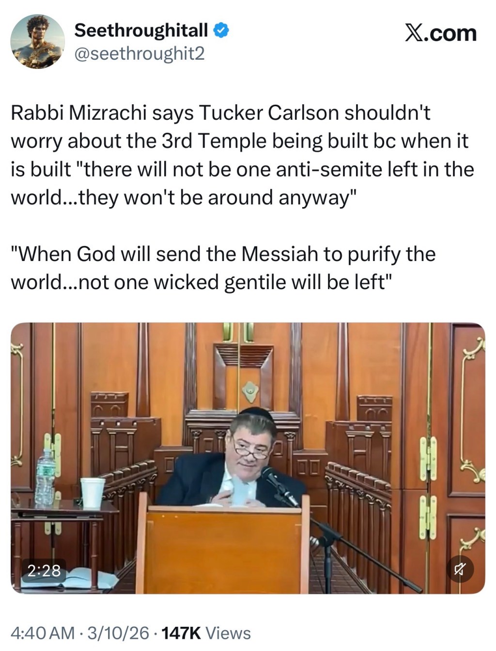 Rabbi Mizrachi says Tucker Carlson shouldn’t worry about the 3rd Temple being built bc when it is built “there will not be one anti-semite left in the world…they won’t be around&nbsp;anyway”
