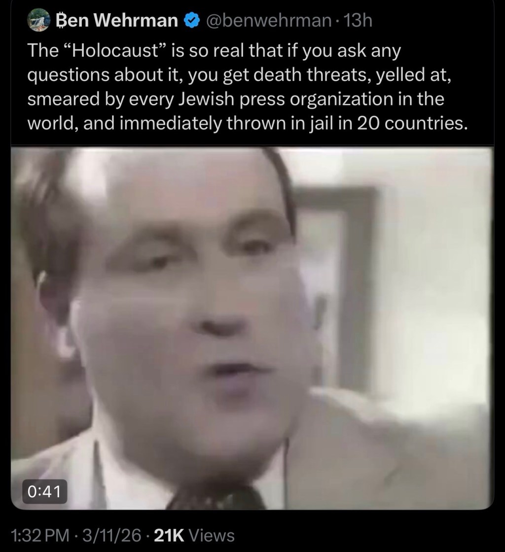 The “Holocaust” is so real that if you ask any questions about it, you get death threats, yelled at, smeared by every Jewish press organization in the world, and immediately thrown in jail in 20&nbsp;countries.