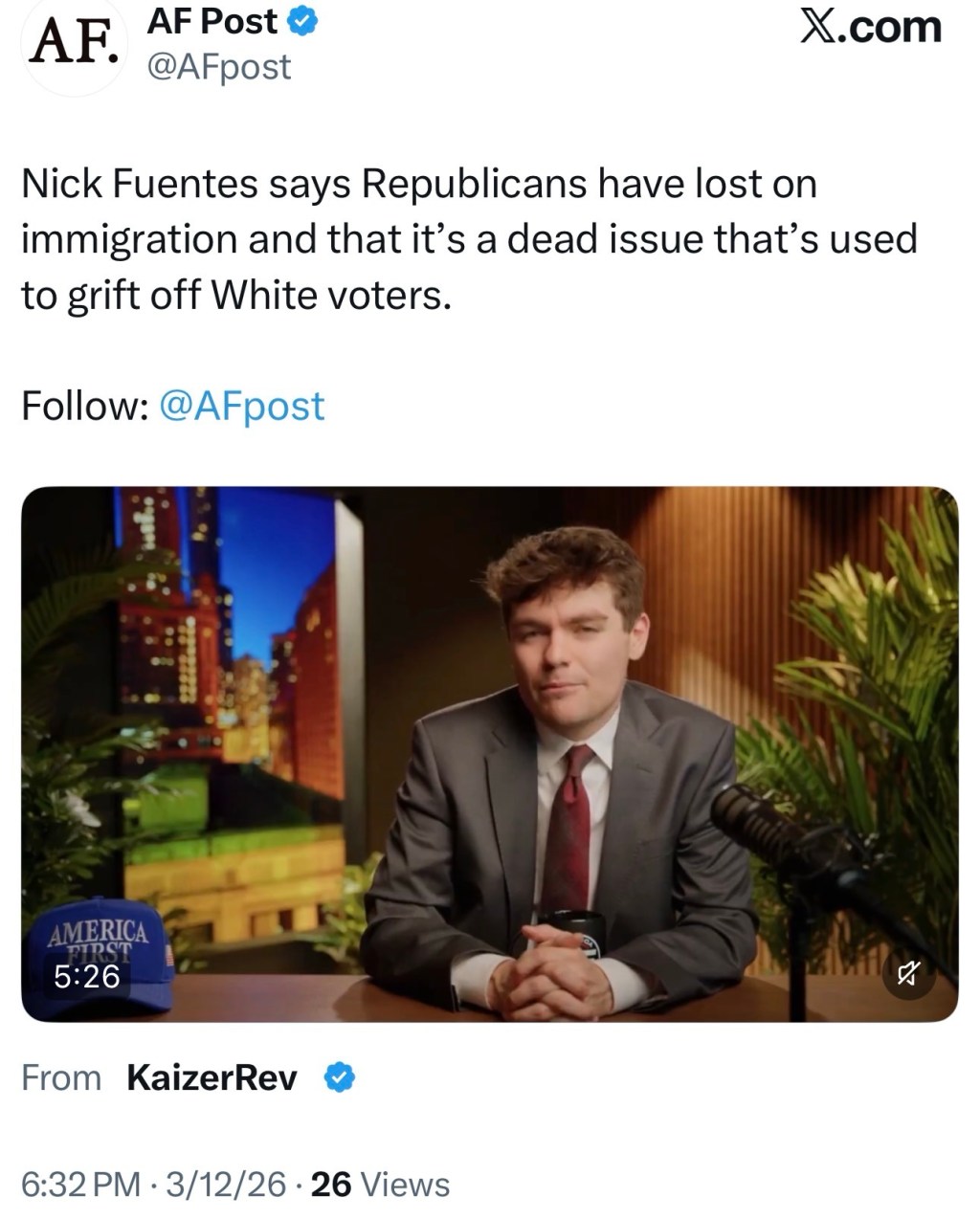 Nick Fuentes says Republicans have lost on immigration and that it’s a dead issue that’s used to grift off White&nbsp;voters.
