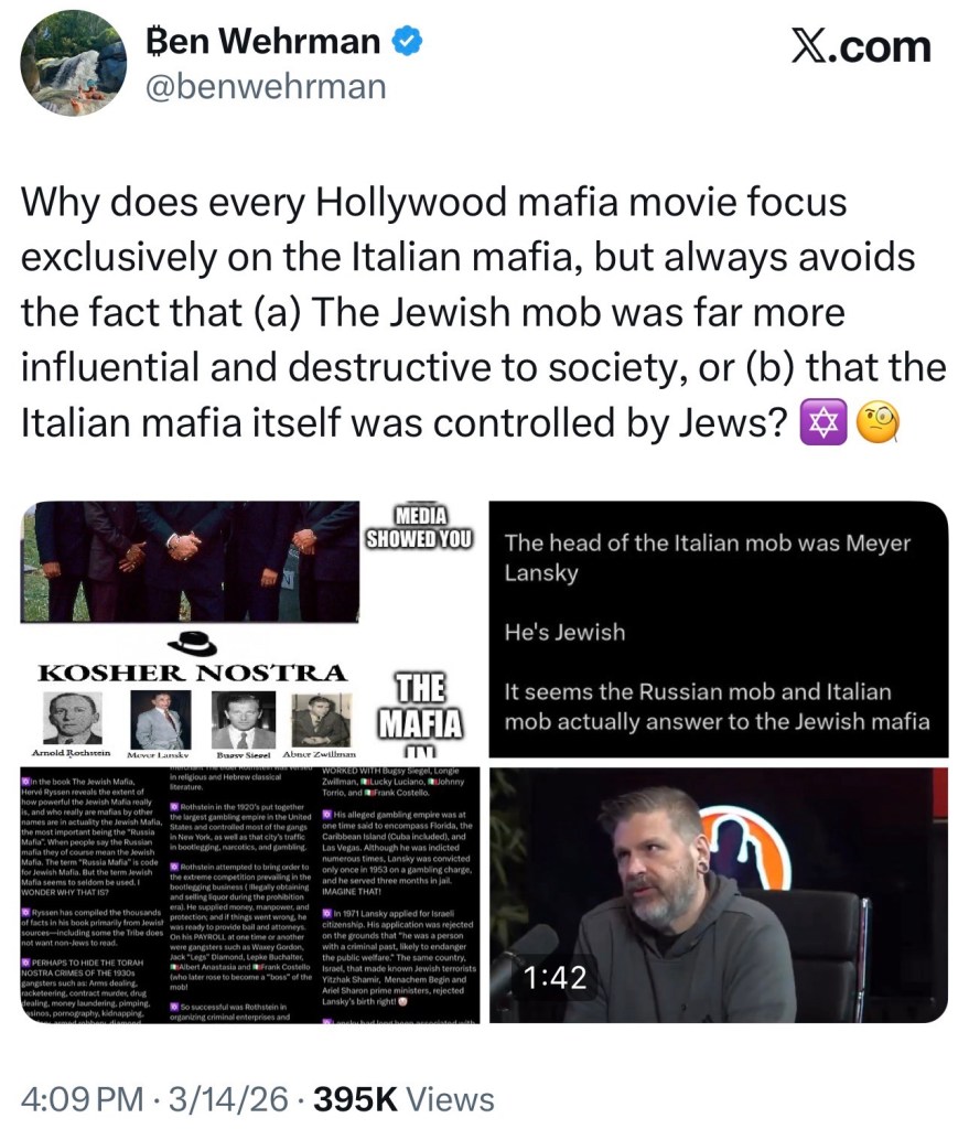 Why does every Hollywood mafia movie focus exclusively on the Italian mafia, but always avoids the fact that (a) The Jewish mob was far more influential and destructive to society, or (b) that the Italian mafia itself was controlled by&nbsp;Jews?