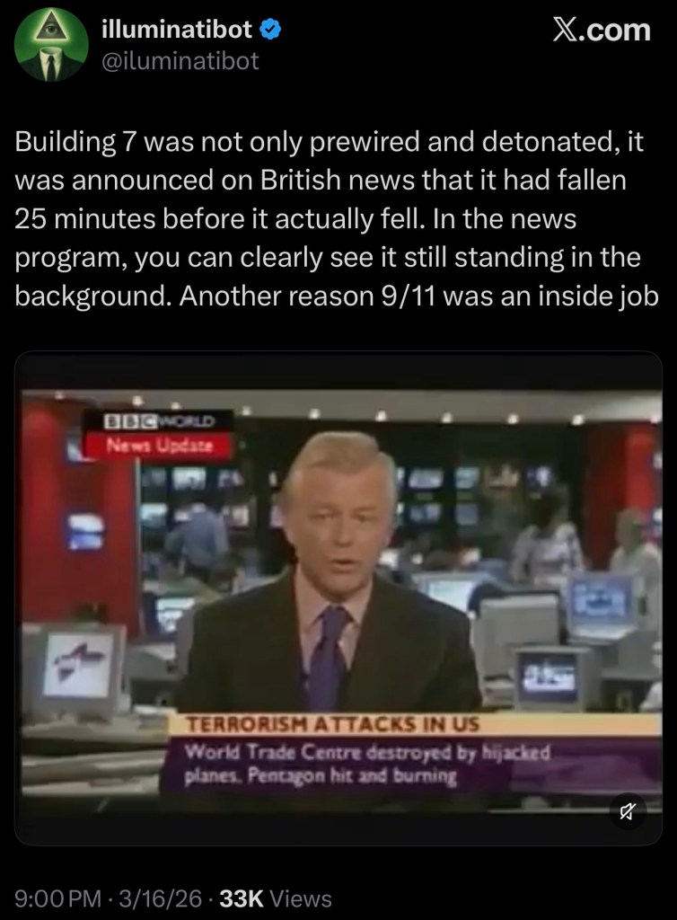 Building 7 was not only prewired and detonated, it was announced on British news that it had fallen 25 minutes before it actually fell. In the news program, you can clearly see it still standing in the background. Another reason 9/11 was an inside&nbsp;job