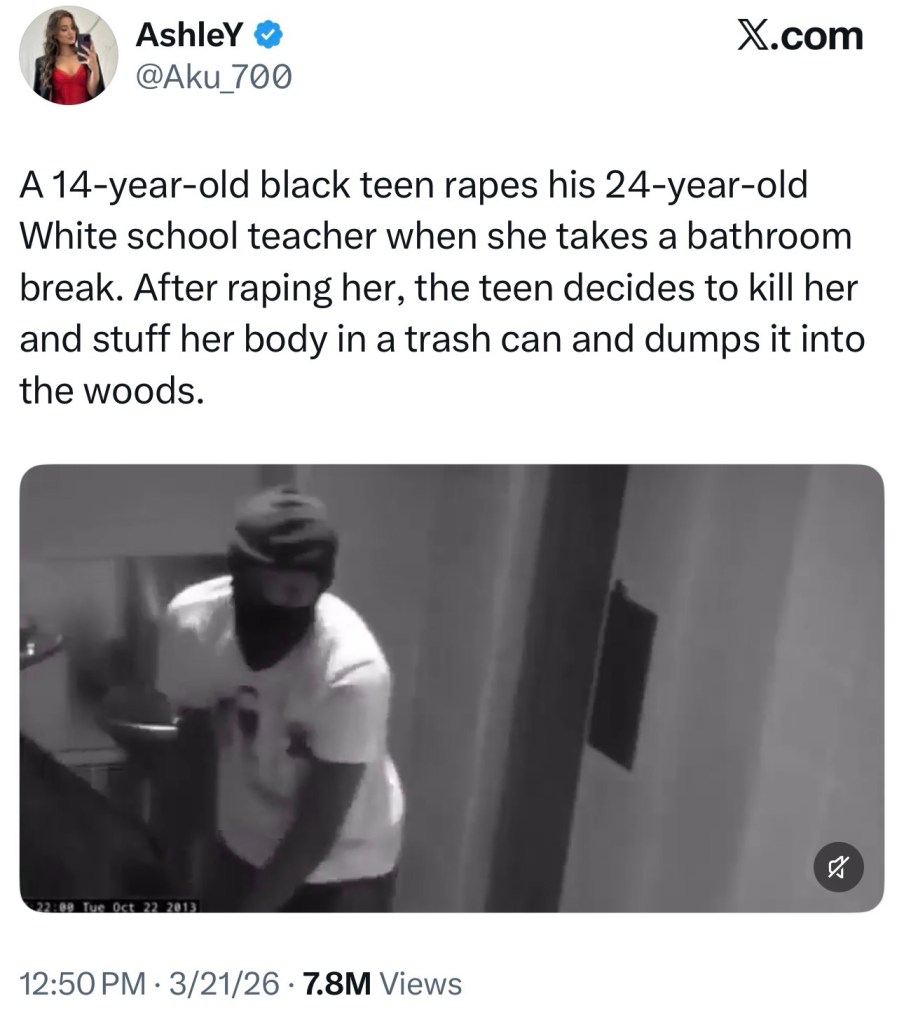 A 14-year-old black teen rapes his 24-year-old White school teacher when she takes a bathroom&nbsp;break