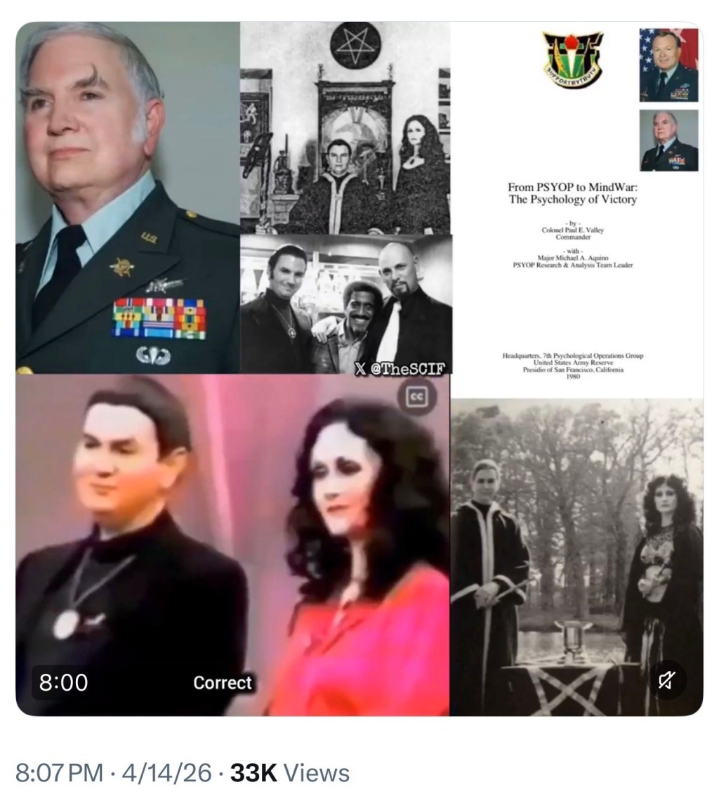 Meet your PSYOPS and MIND WARFARE creator and open Satanist, Major Michael A. Aquino, PSYOP Research & Analysis Team Leader from the 7th Psychological Operations Group of the United States Army&nbsp;Reserve.