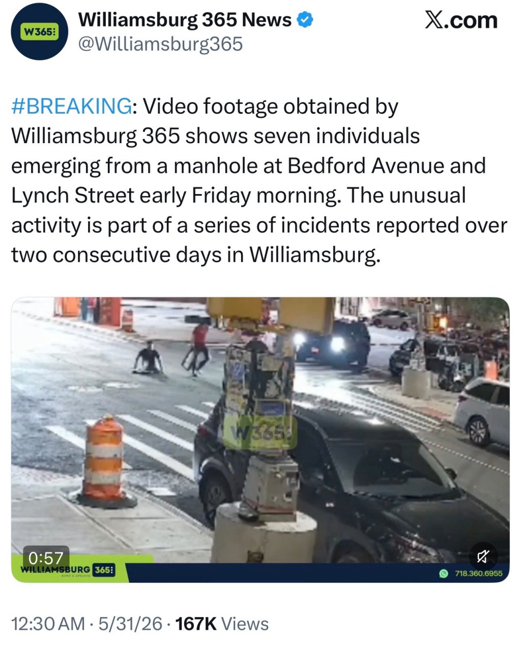 Video footage obtained by Williamsburg 365 shows seven individuals emerging from a manhole at Bedford Avenue and Lynch Street early Friday morning. The unusual activity is part of a series of incidents reported over two consecutive days in&nbsp;Williamsburg.
