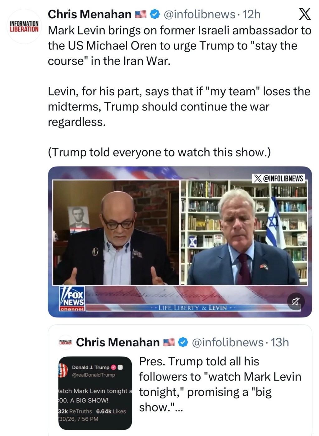 Mark Levin brings on former Israeli ambassador to the US Michael Oren to urge Trump to “stay the course” in the Iran&nbsp;War.