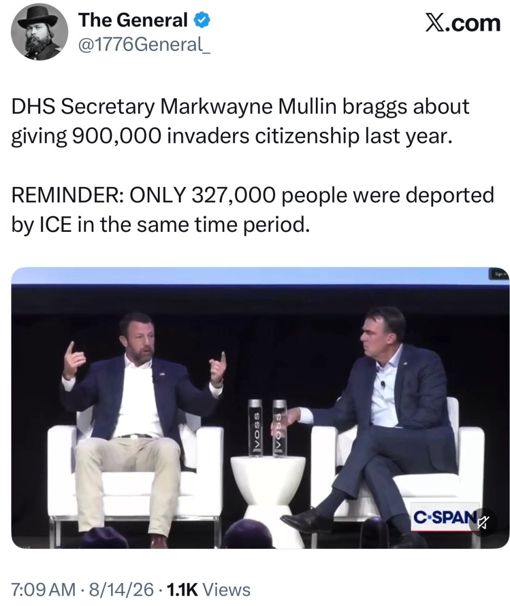 DHS Secretary Markwayne Mullin braggs about giving 900,000 invaders citizenship last&nbsp;year.